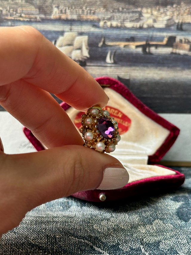 Vintage purple stone and pearl clip-on earrings