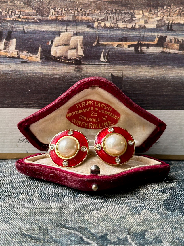 Vintage red enamel and pearl clip-on earrings