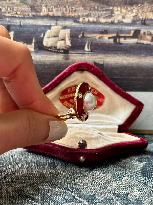 Vintage red enamel and pearl clip-on earrings