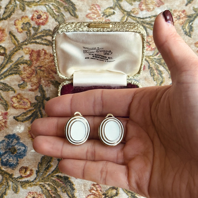 Vintage white enamel oval clip-on earrings