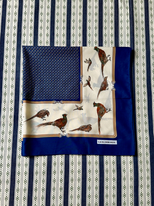 Vintage Navy Pheasants Italian Scarf