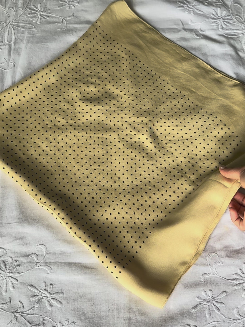 Vintage butter yellow silk scarf with white dots