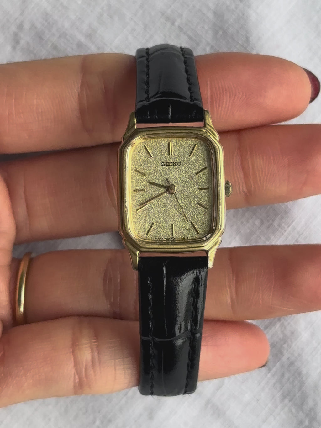 1980s Seiko rectangle black leather quartz watch