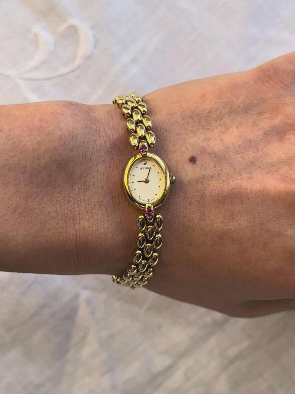 1980s Seiko Ruby Oval Gold-Plated Quartz Watch