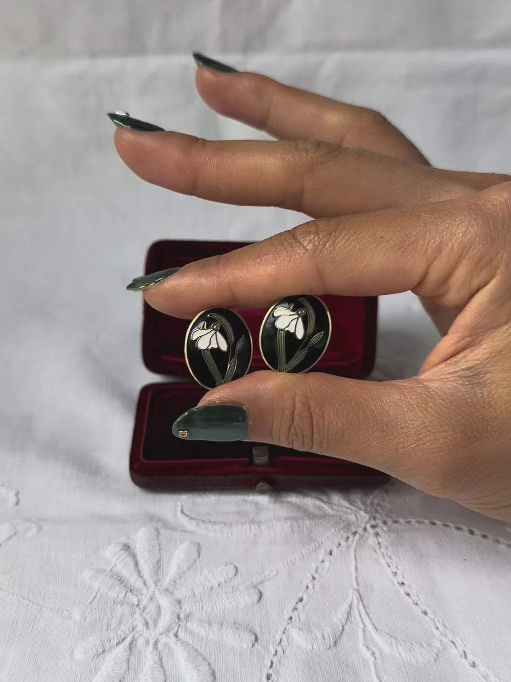 1970s White Lily Cloisonné Clip-On Earrings