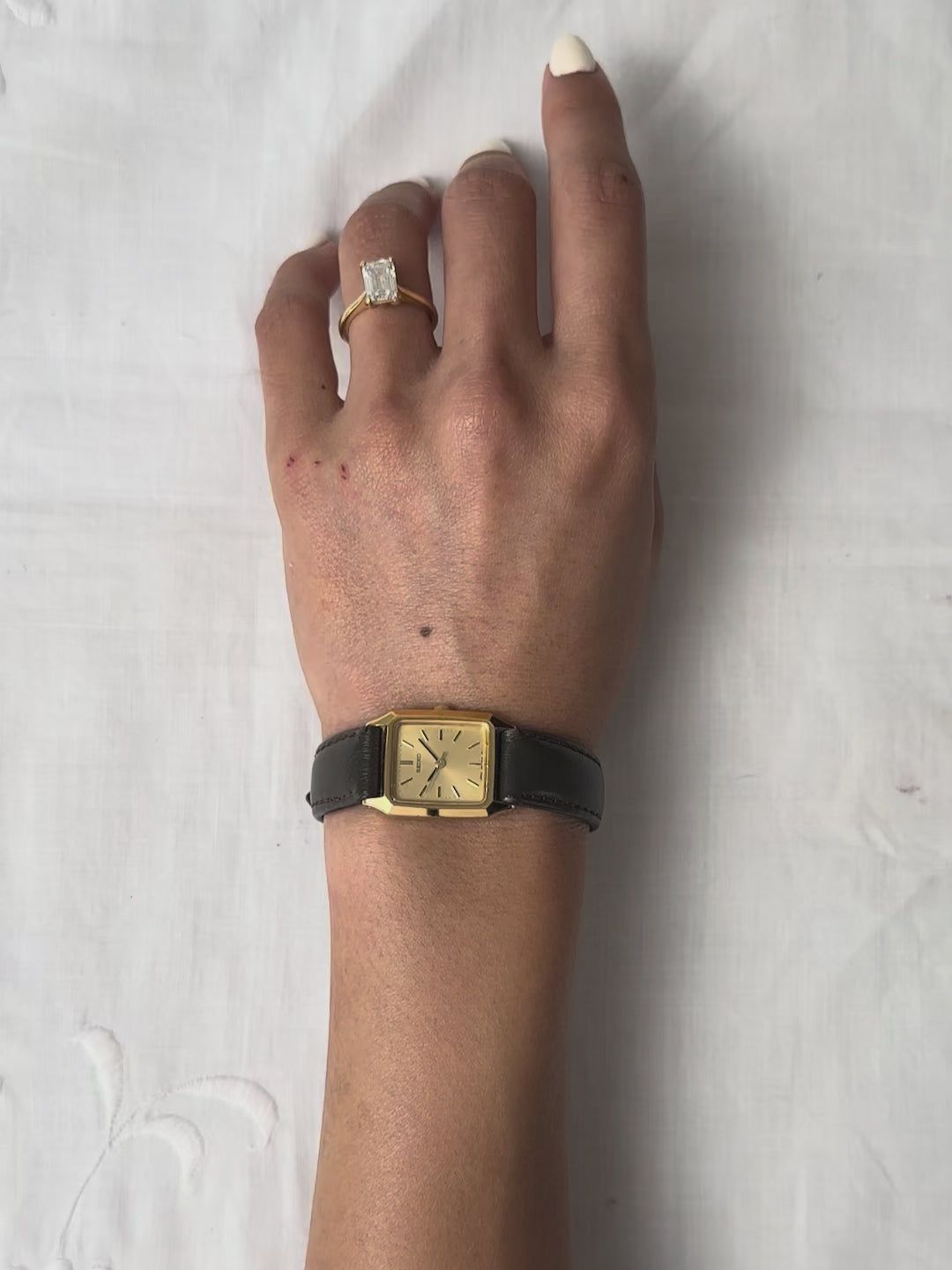 1980s Seiko gold tone square brown leather quartz watch