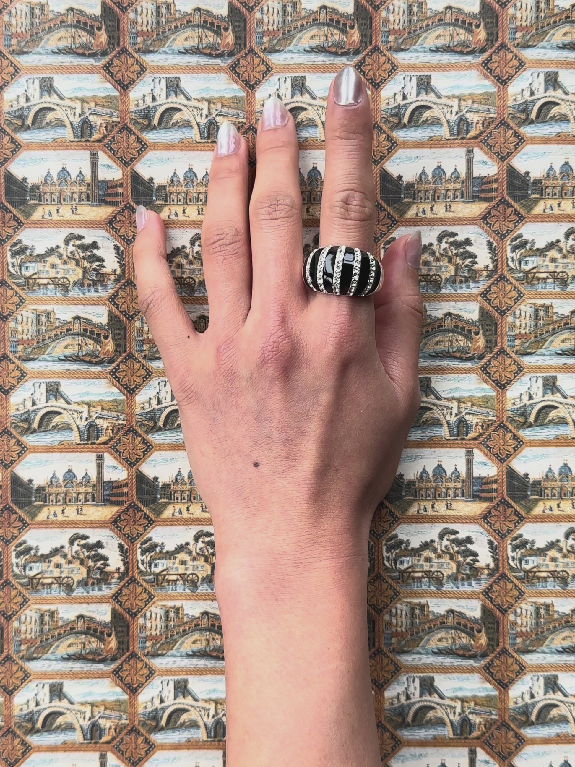 Vintage Black Enamel and Rhinestone Zebra Ring