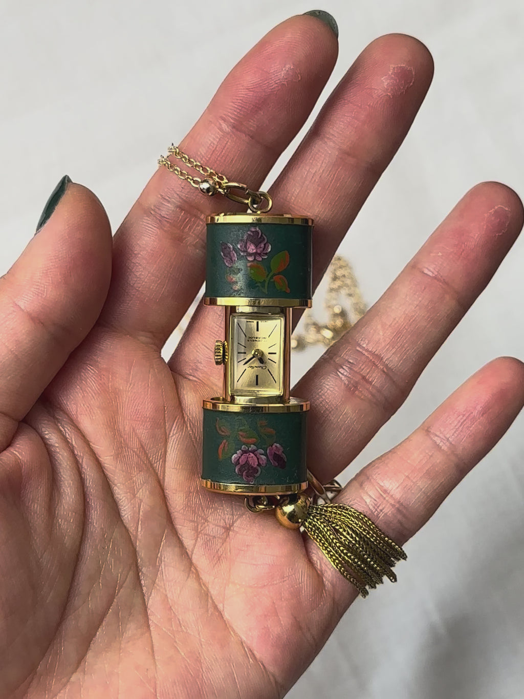 1960s Chandler tassel painted mechanical watch necklace