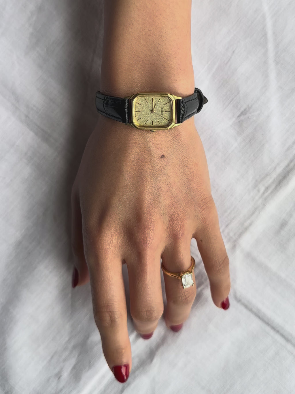1980s Seiko rectangle black leather quartz watch