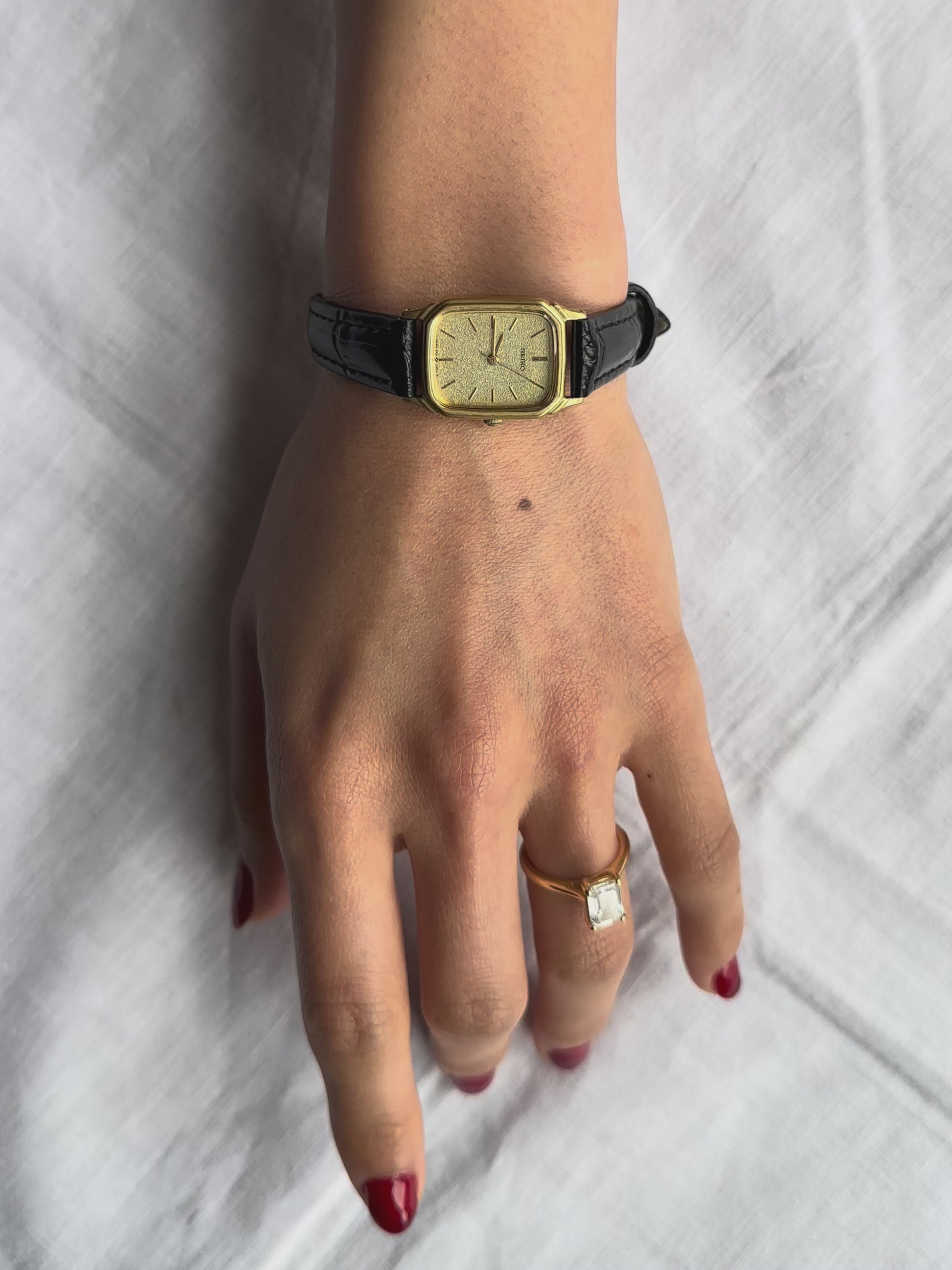 1980s Seiko rectangle black leather quartz watch