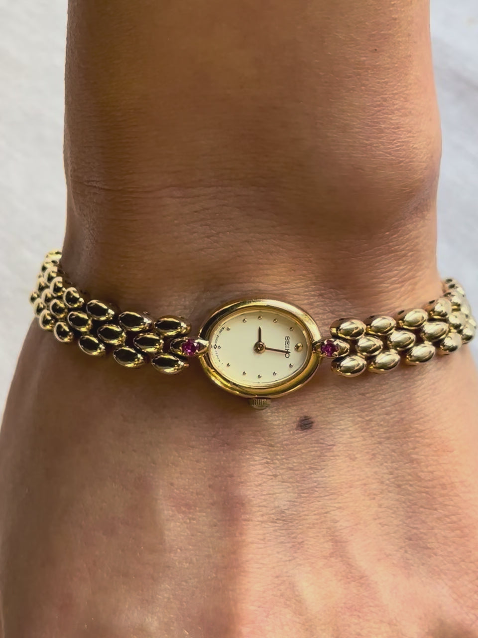 1980s Seiko Ruby Oval Gold-Plated Quartz Watch