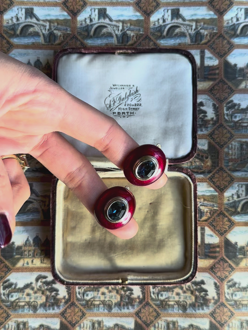 Scarlet enamel and blue stone clip-on earrings