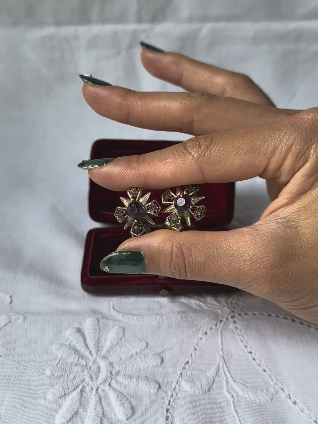 1950s Purple Stone Cross Clip-On Earrings