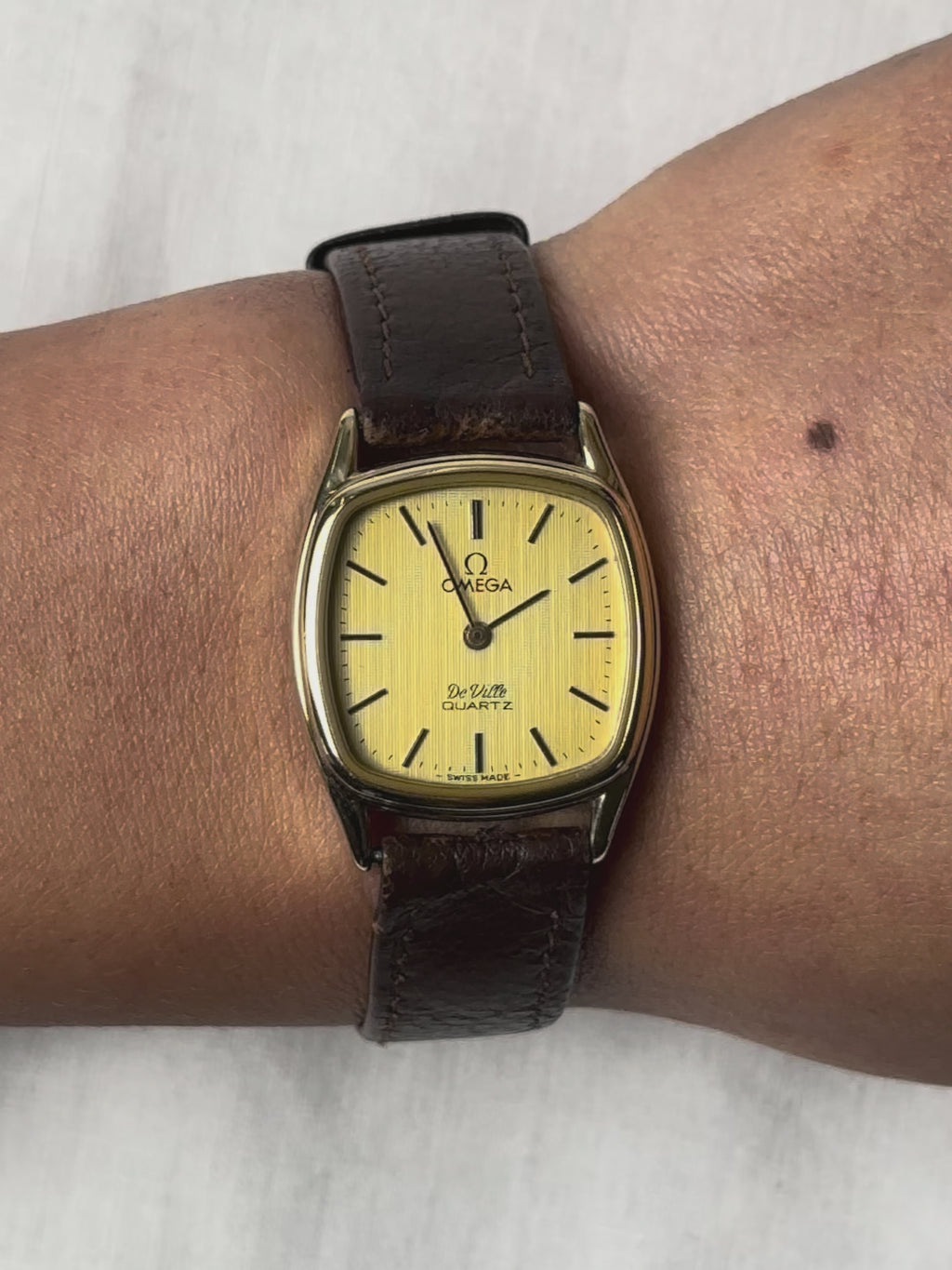 1980s Omega De Ville brown leather quartz watch