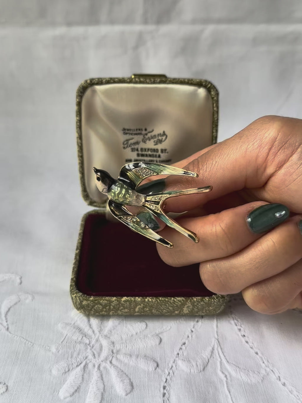 1970s Green Swallow Brooch