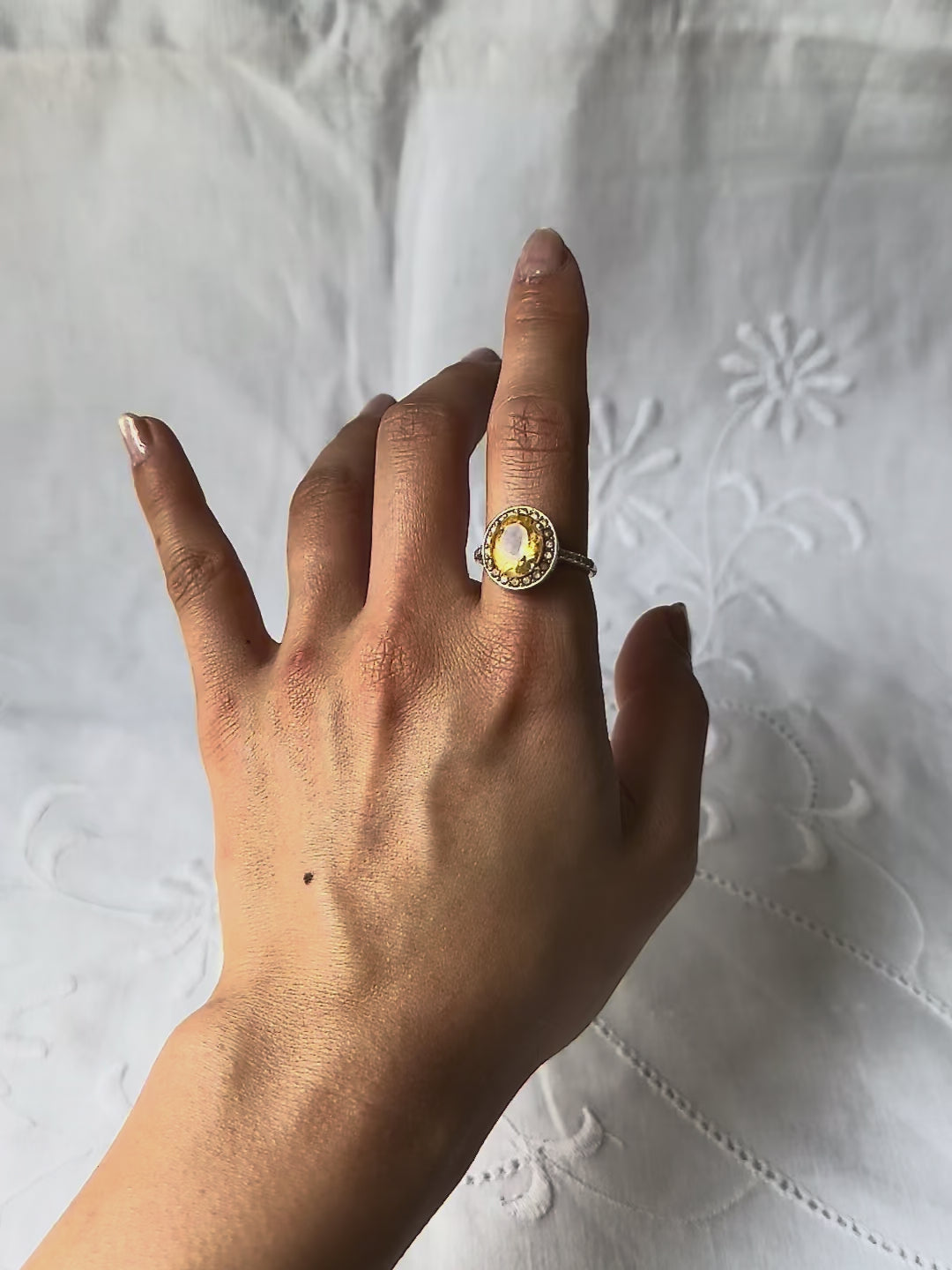1980s halo yellow stone gold-plated silver ring