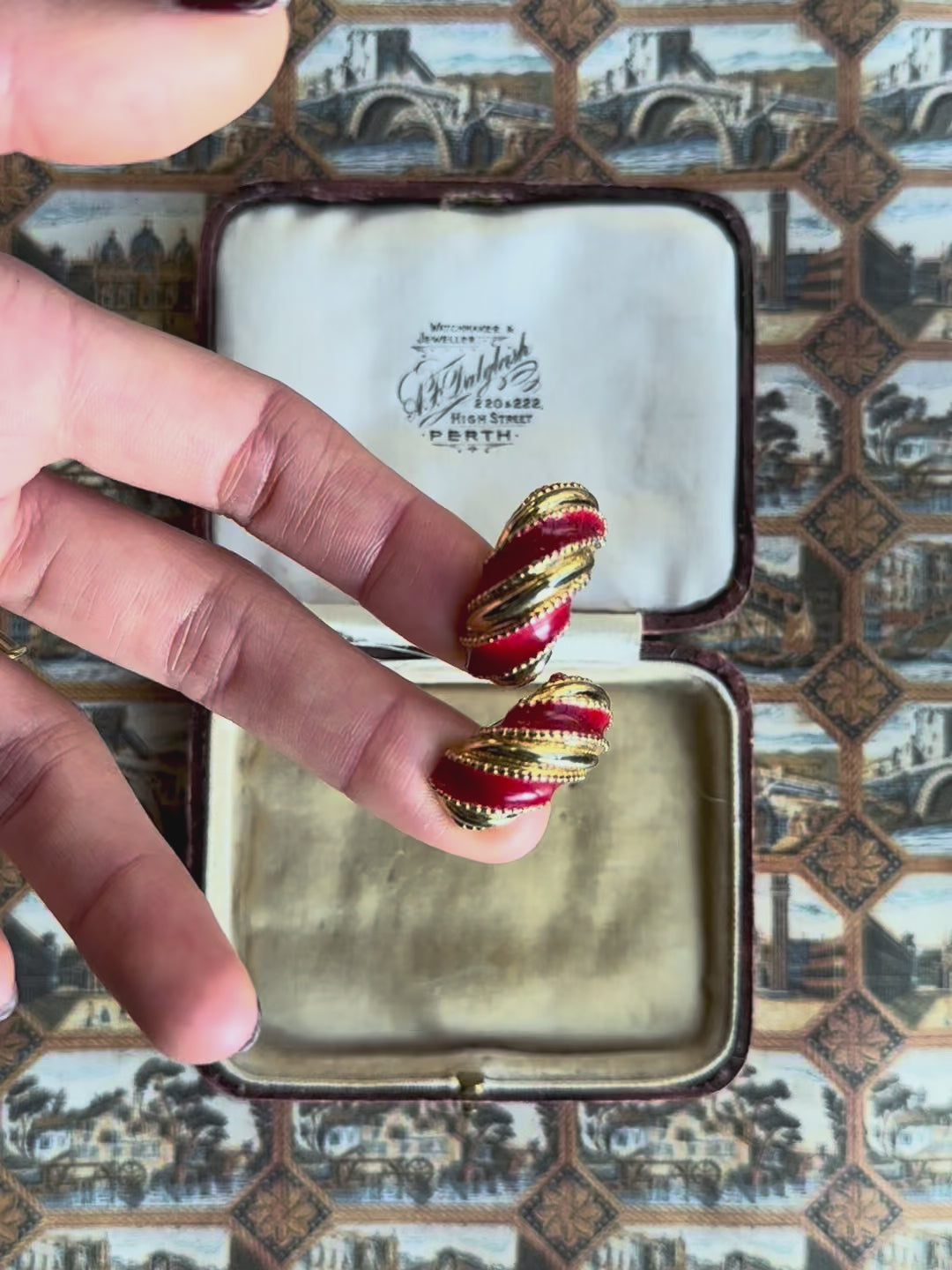 Adelaine red enamel and gold-tone half-hoop clip-ons