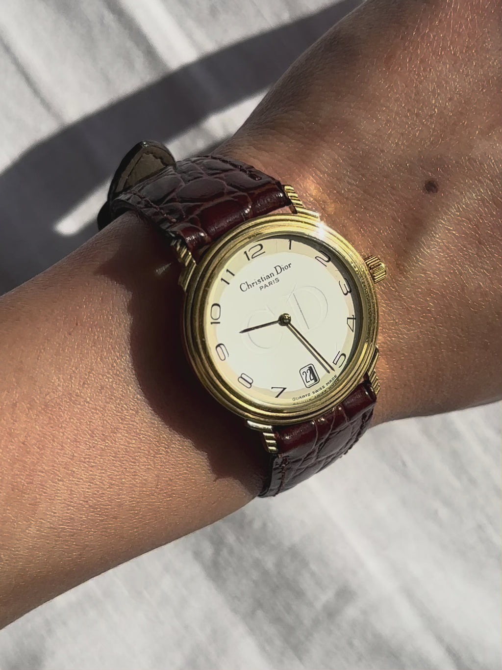 1980s Christian Dior gold and brown leather quartz watch
