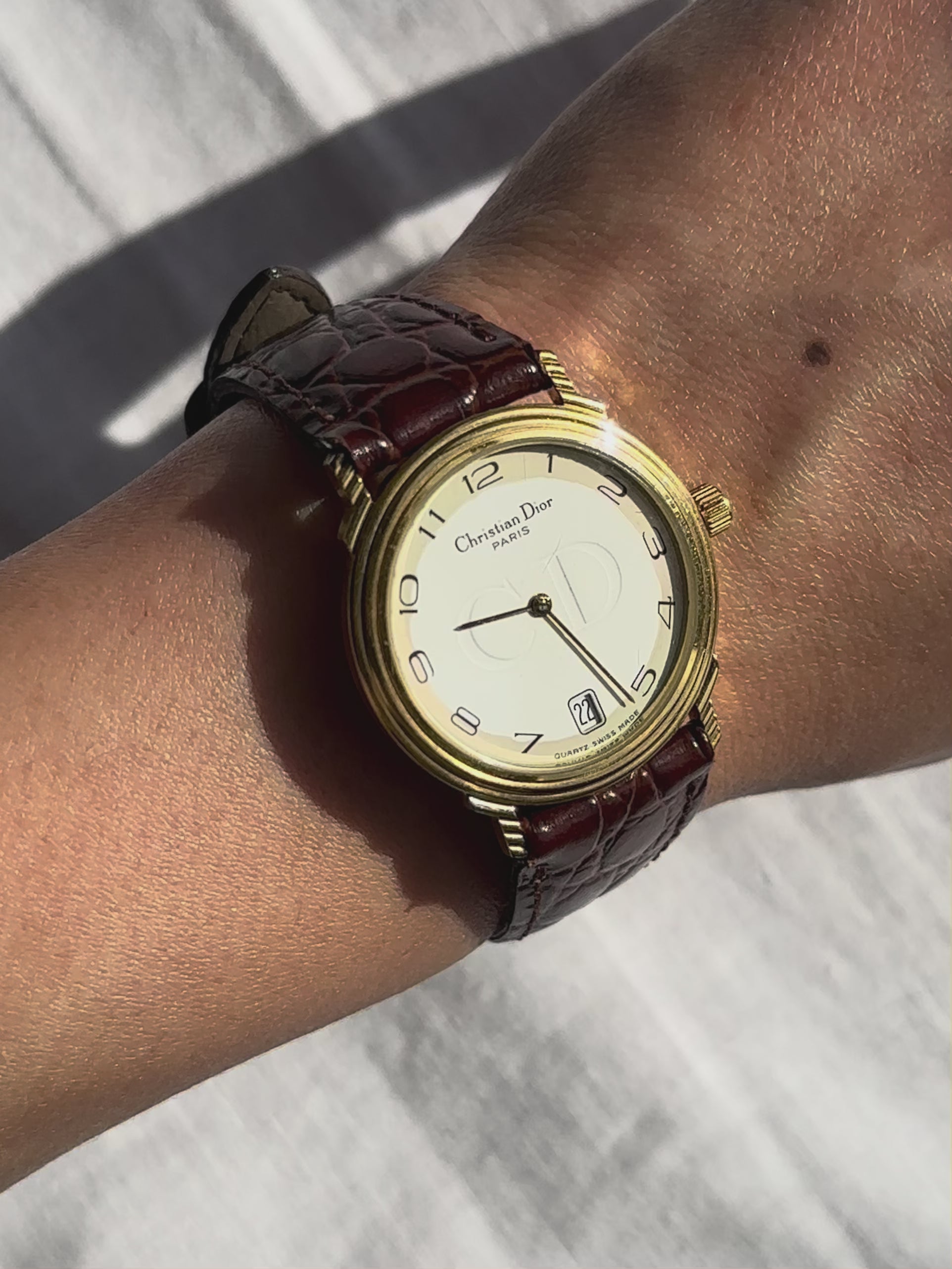 1980s Christian Dior gold and brown leather quartz watch