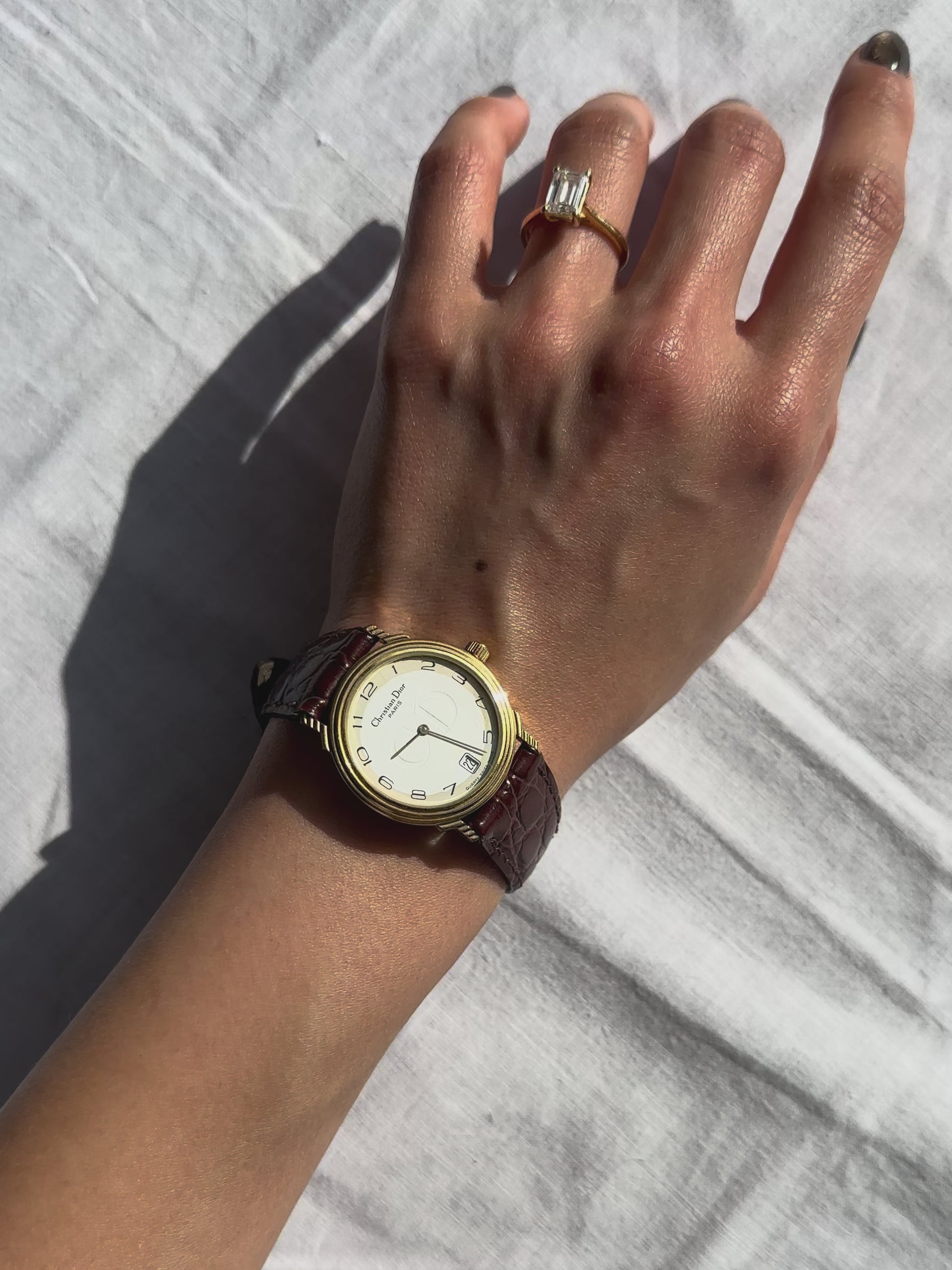 1980s Christian Dior gold and brown leather quartz watch