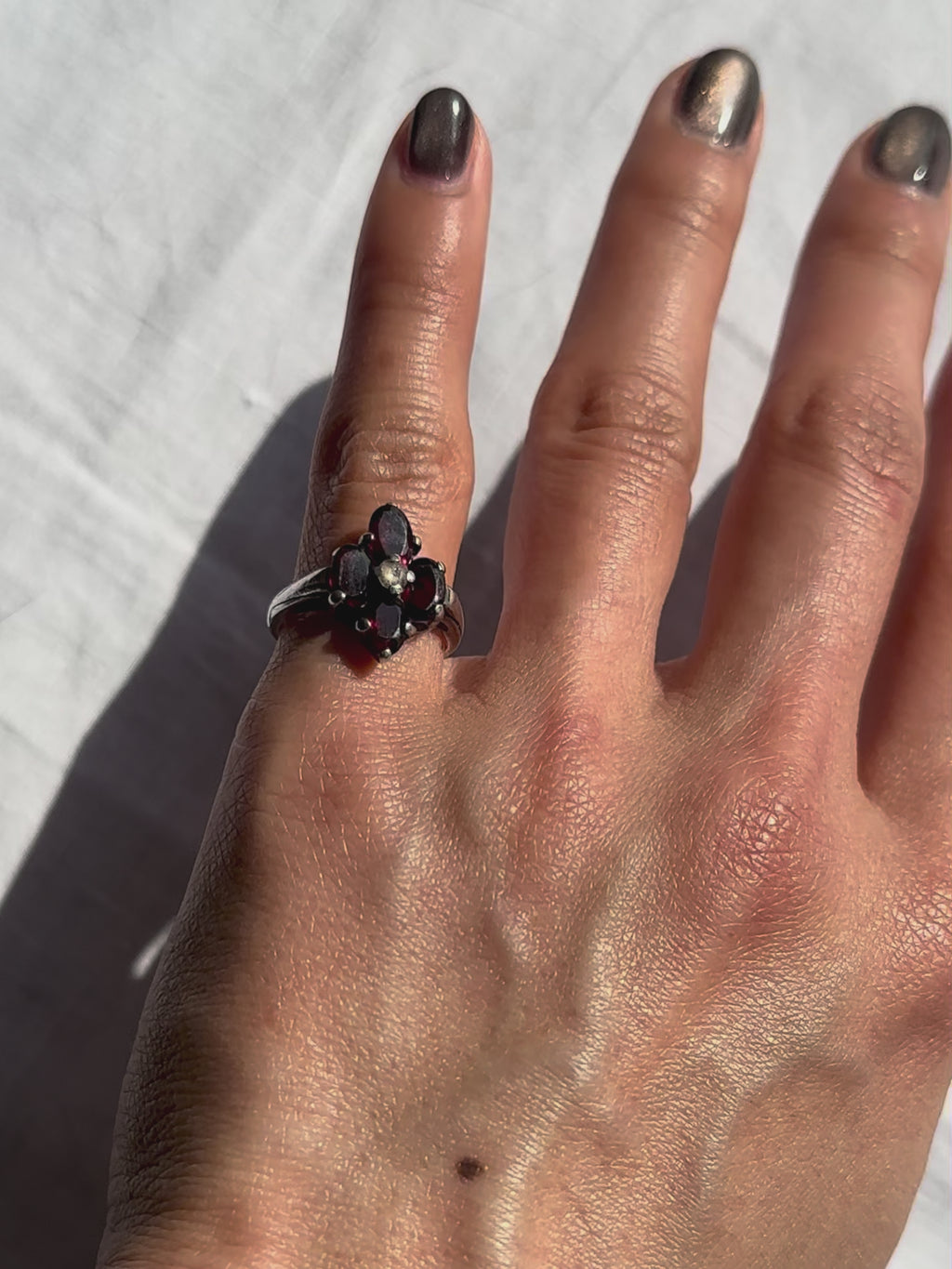 Garnet flower sterling silver pinky ring