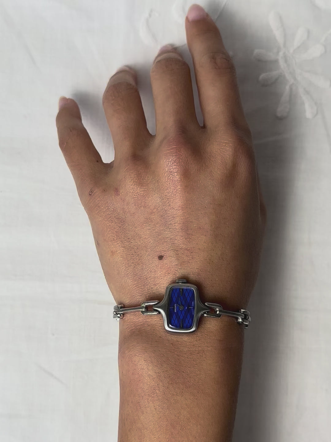 1970s Seiko blue checkered dial silver tone mechanical watch