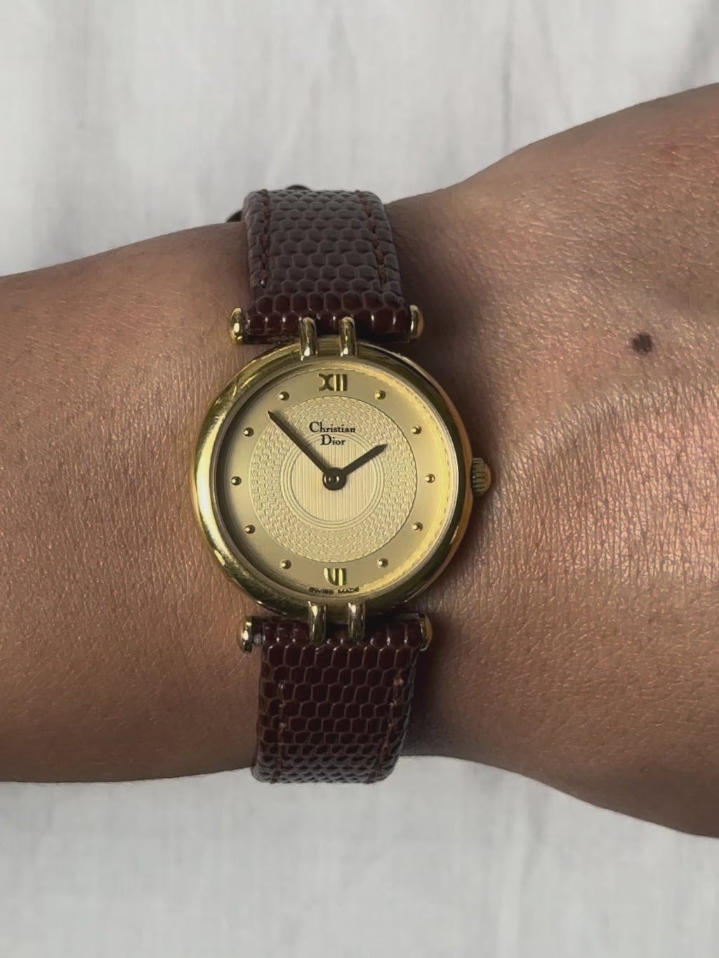 1980s Dior gold-plated brown leather quartz watch