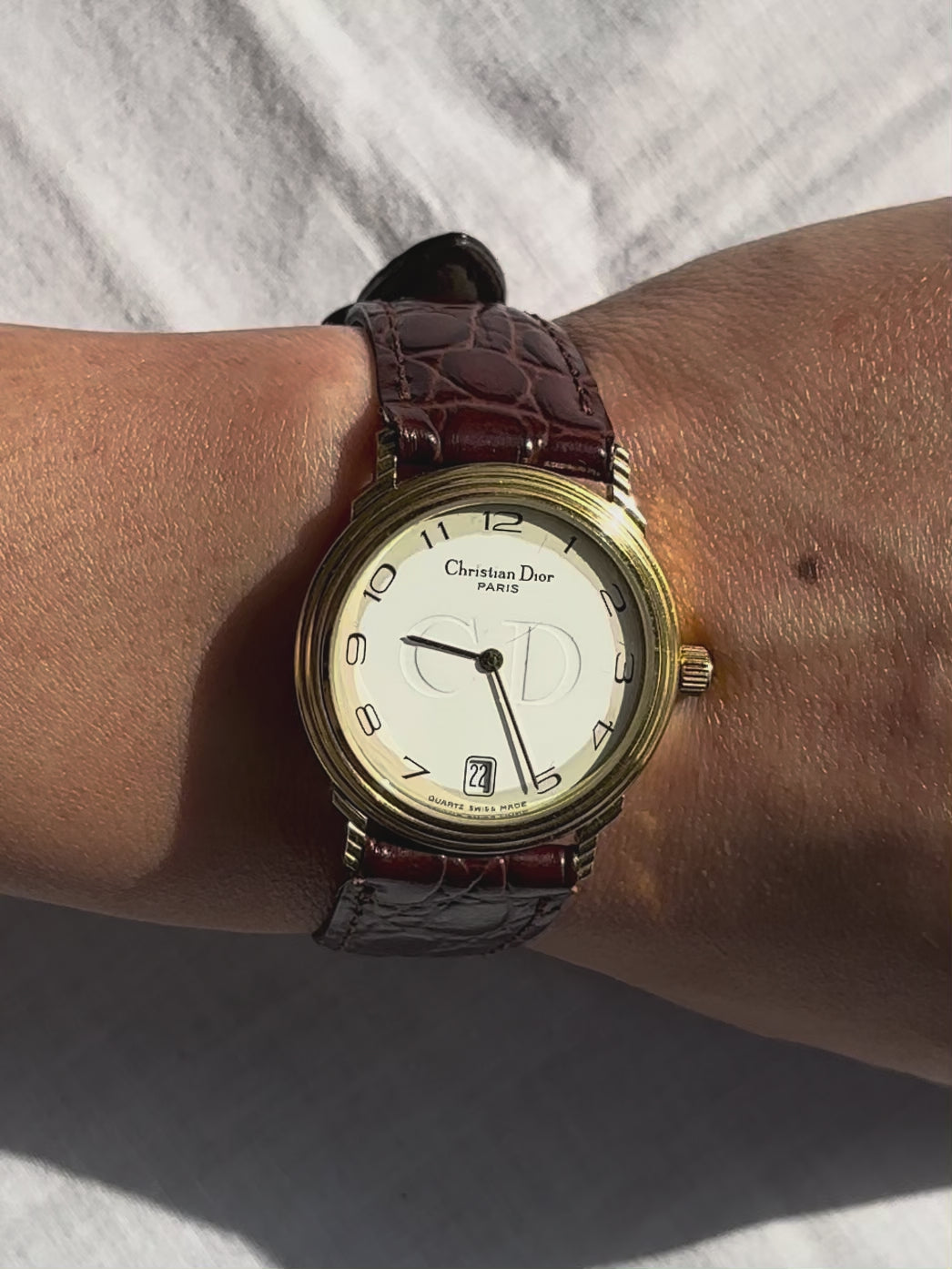 1980s Christian Dior gold and brown leather quartz watch